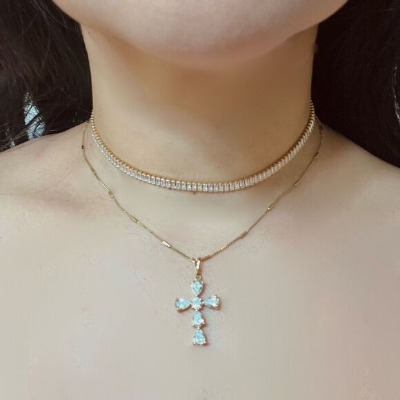 18k Gold Filled “Aphrodite” Tennis Choker Baguette CZ Statement Necklace Lux - Picture 3 of 3